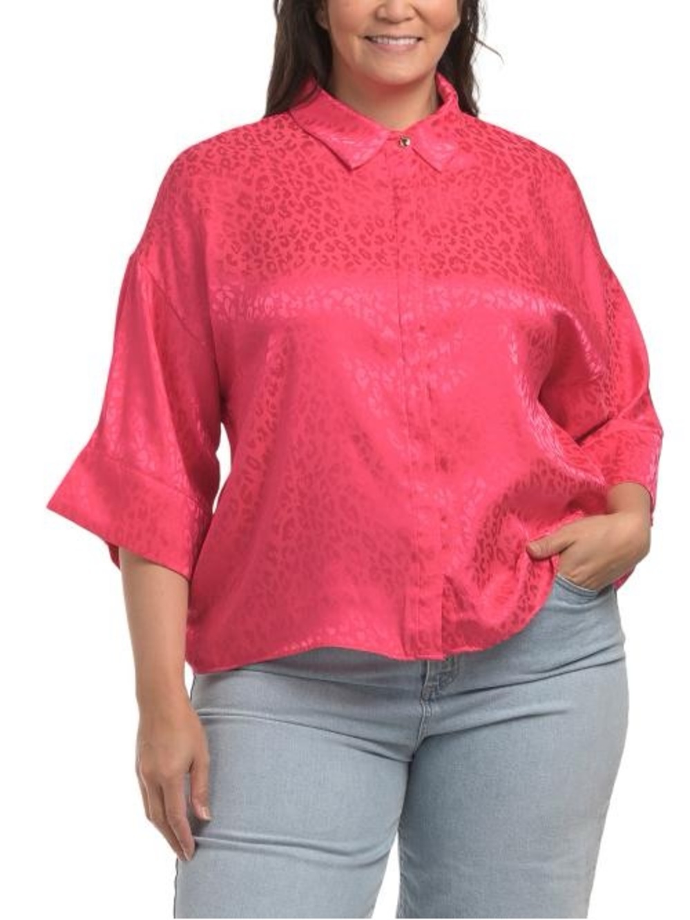 Kaktus | Hot Pink Satin Leopard Jacquard Button-Down Shirt